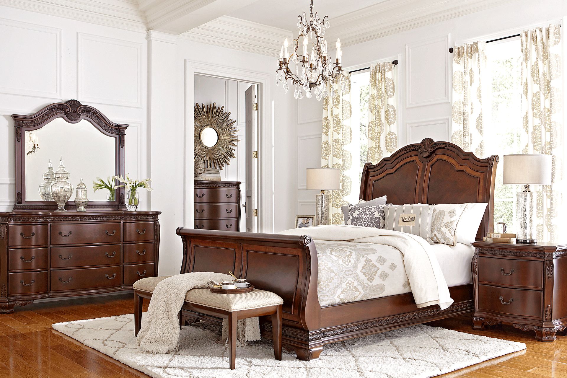 Cortinella 7 Pc Dark Cherry Wood Queen Bedroom Set With 3 Pc Queen
