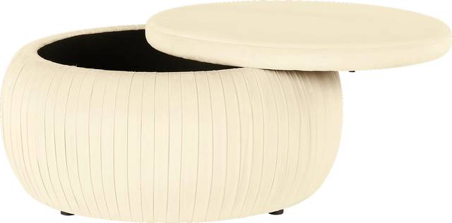 CosmoLiving Pleated Sapphire Round Velvet Storage Ottoman Cream - Thumbnail - Image 2