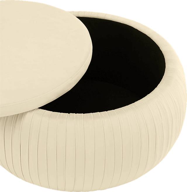 CosmoLiving Pleated Sapphire Round Velvet Storage Ottoman Cream - Thumbnail - Image 3