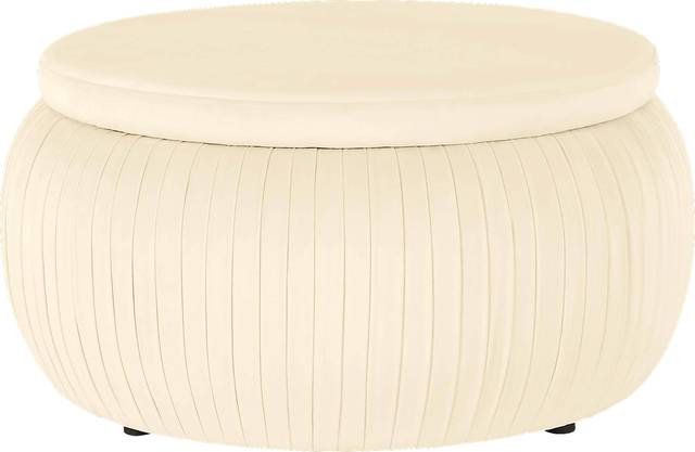 CosmoLiving Pleated Sapphire Round Velvet Storage Ottoman Cream - Thumbnail - Image 1