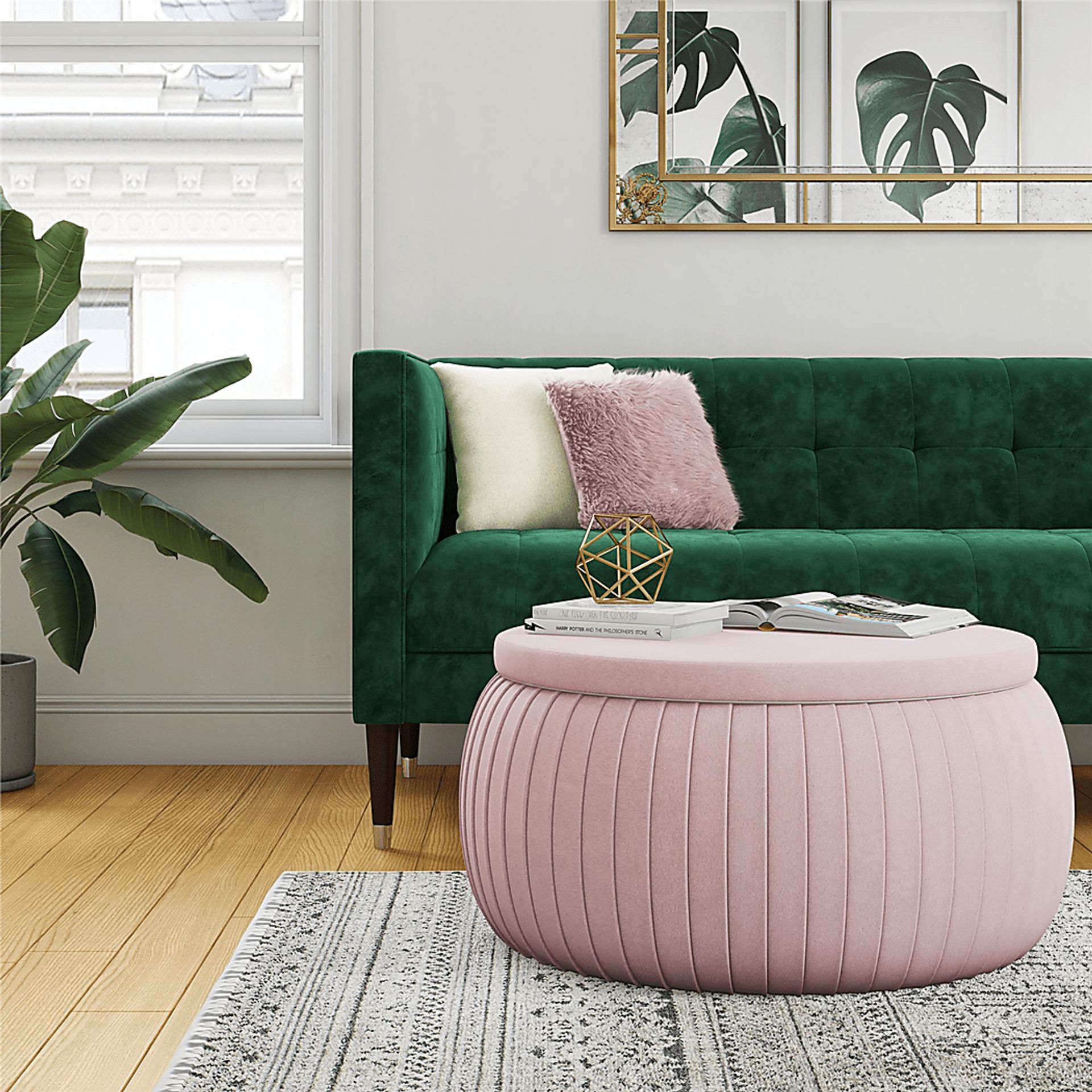 CosmoLiving Pleated Sapphire Round Velvet Storage Ottoman Pink - Image 6