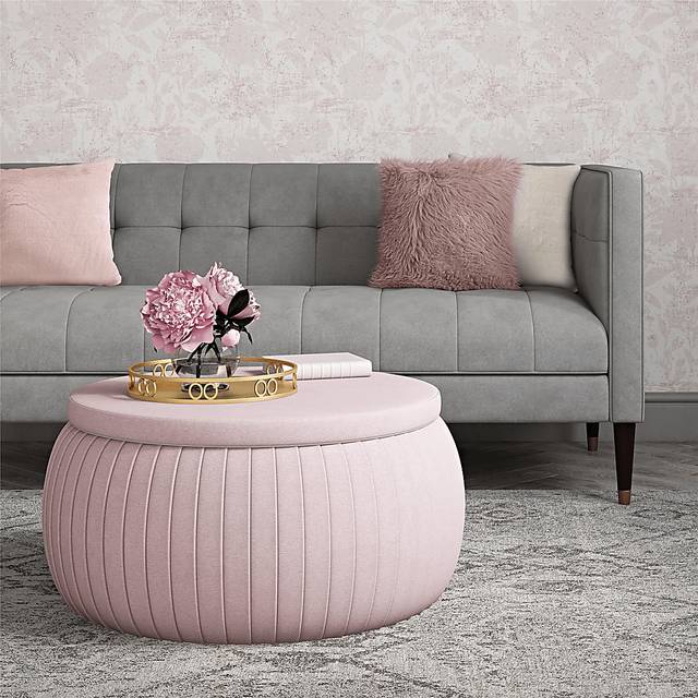 CosmoLiving Pleated Sapphire Round Velvet Storage Ottoman Pink - Thumbnail - Image 7