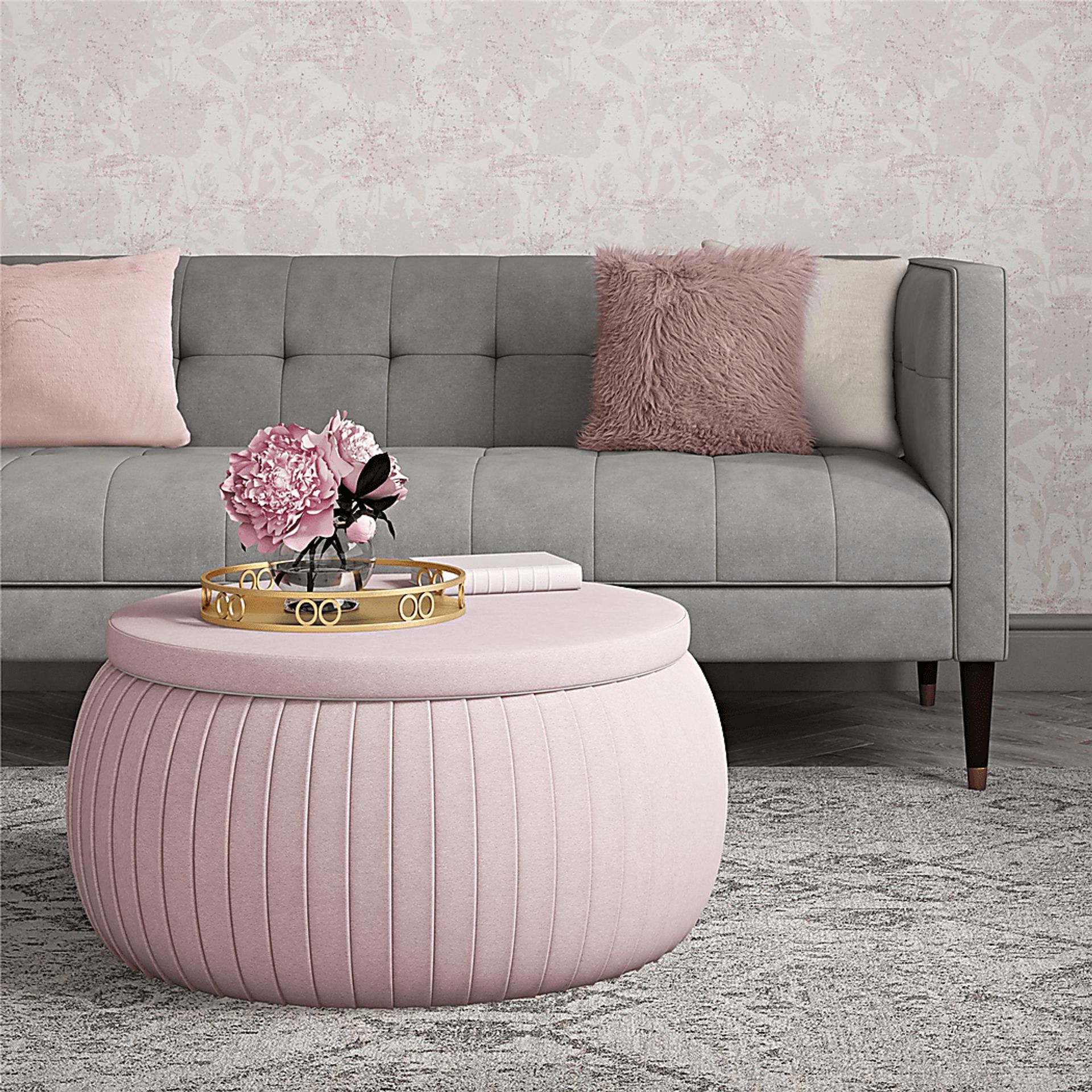 CosmoLiving Pleated Sapphire Round Velvet Storage Ottoman Pink - Image 7
