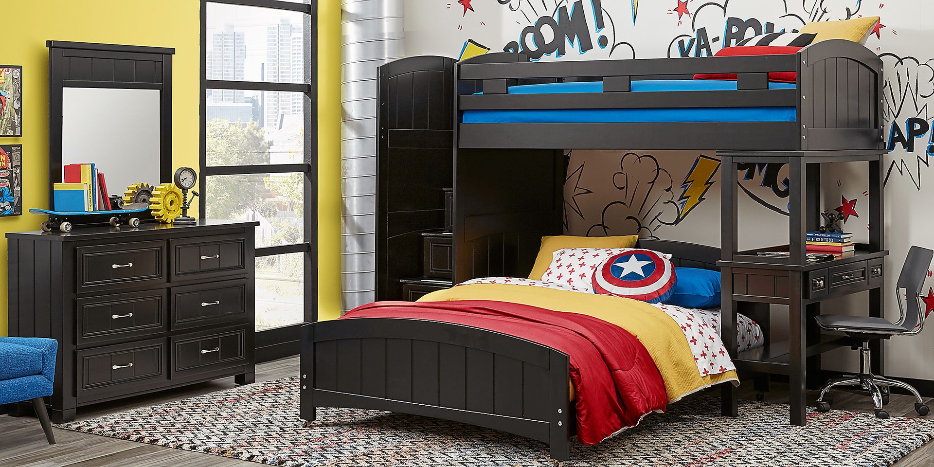 Kids Cottage Colors Black Twin/Full Step Bunk Bed with Desk - Image 2