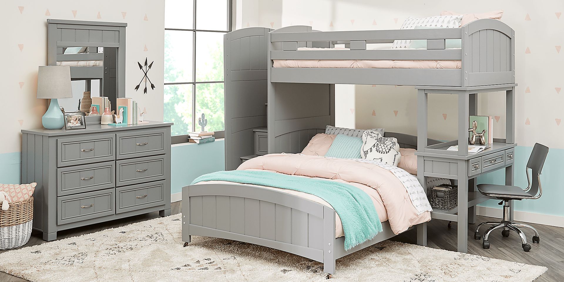 Kids Cottage Colors Gray Twin/Full Step Bunk Bed with Desk - Image 2
