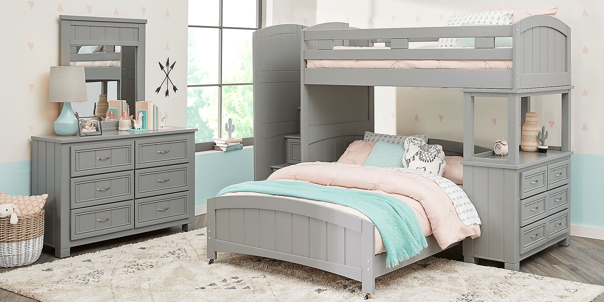 Kids Cottage Colors Gray Twin/Full Step Bunk Bed with Dresser Rooms To Go