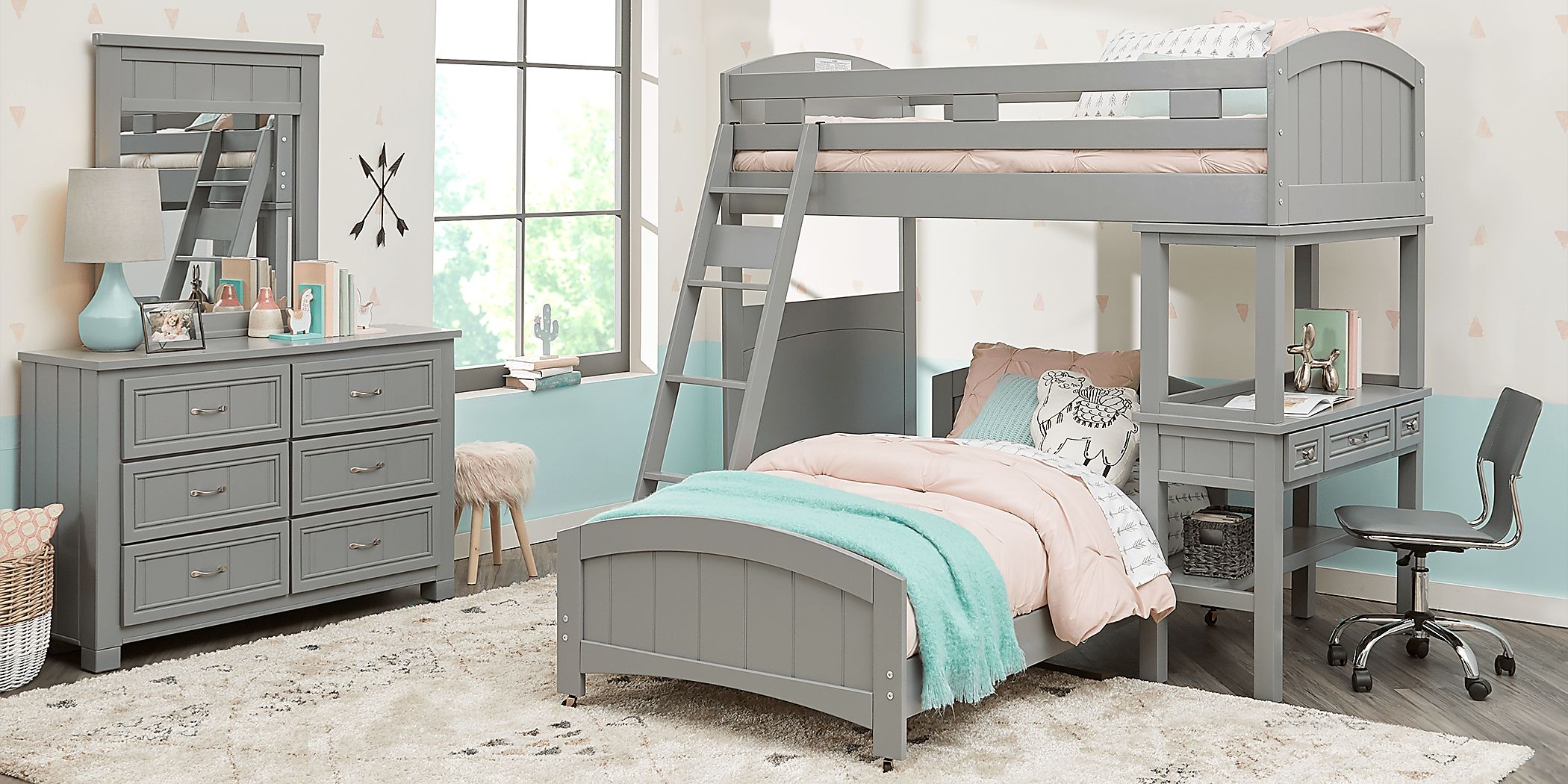 Kids Cottage Colors Gray Twin/Twin Loft Bunk Bed with Desk Rooms To Go