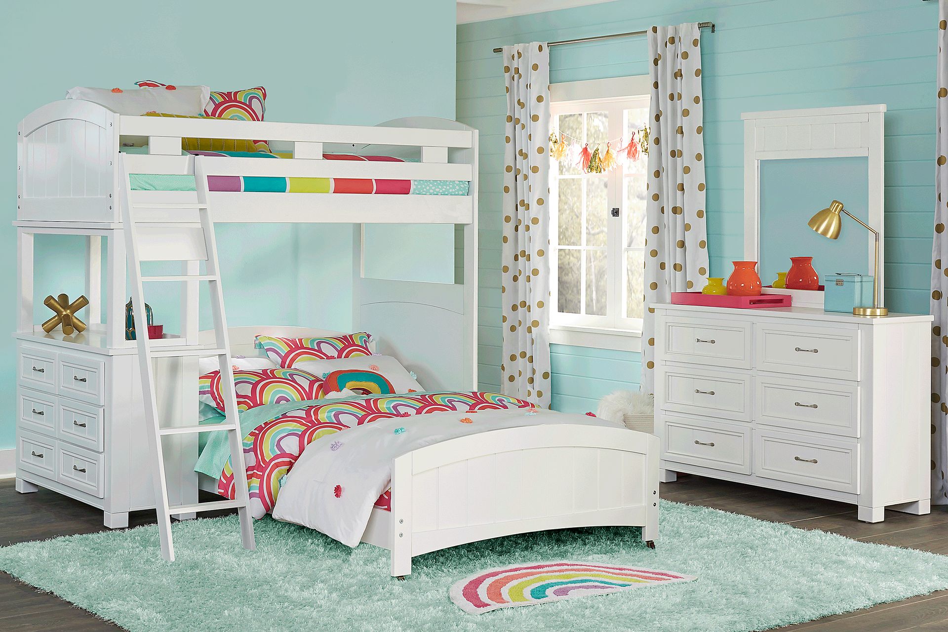 Kids Cottage Colors White Twin/Full Loft Bunk Bed with Dresser - Image 2