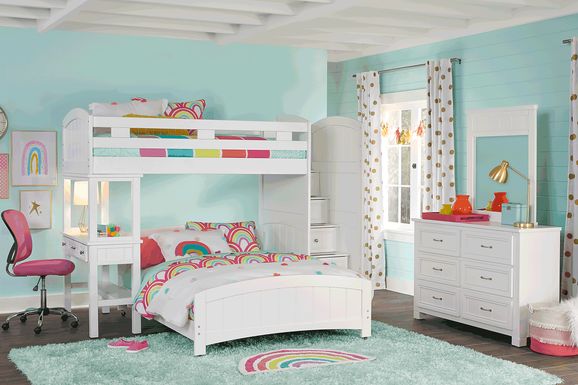 Kids Cottage Colors White Twin/Full Step Bunk Bed with Desk