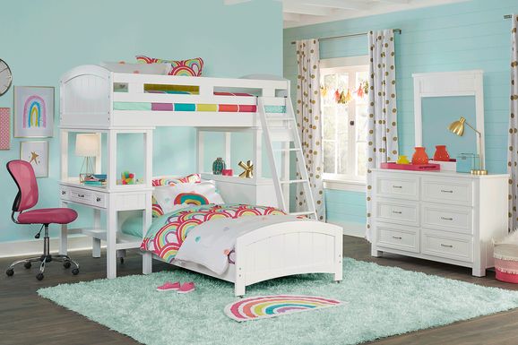 Kids Cottage Colors White Twin Loft Bunk with Desk and Dresser