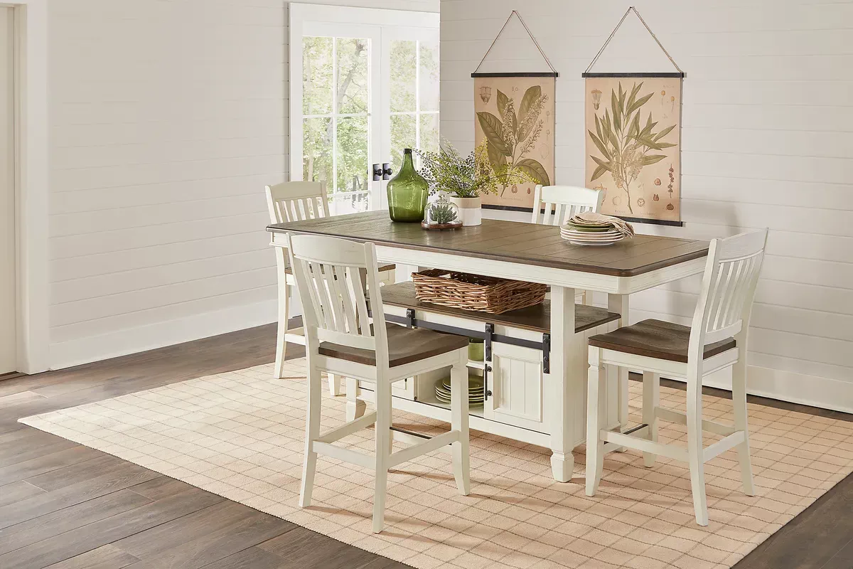 White counter height store table with storage