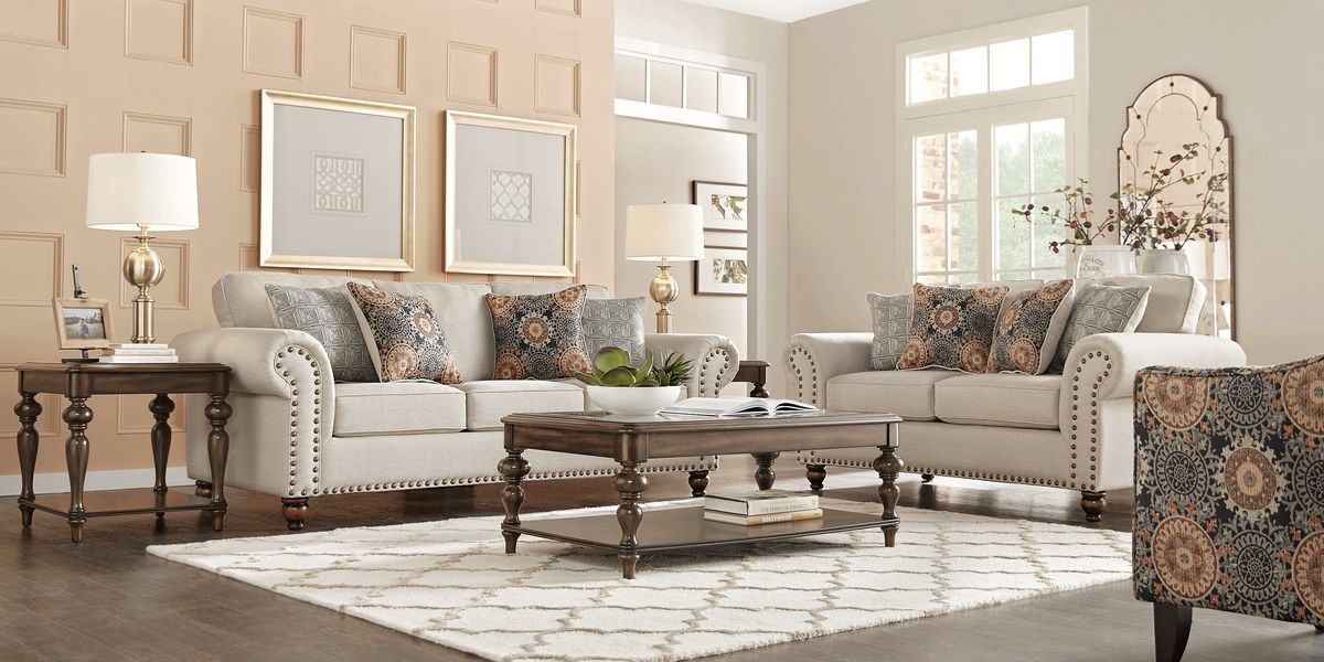 Court Street 7 Pc Beige Fabric Living Room Set With Sofa, Loveseat, 3 ...