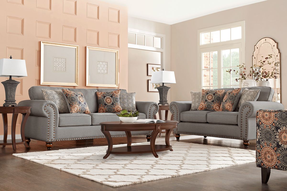 Court Street 7 Pc Gray Fabric Living Room Set With 3 Pc Table Set, Sofa ...