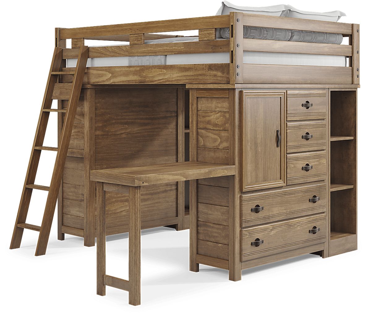 Kids Creekside 2.0 Chestnut Full Loft with 2 Loft Chests, 2 Bookcases and Desk Attachment