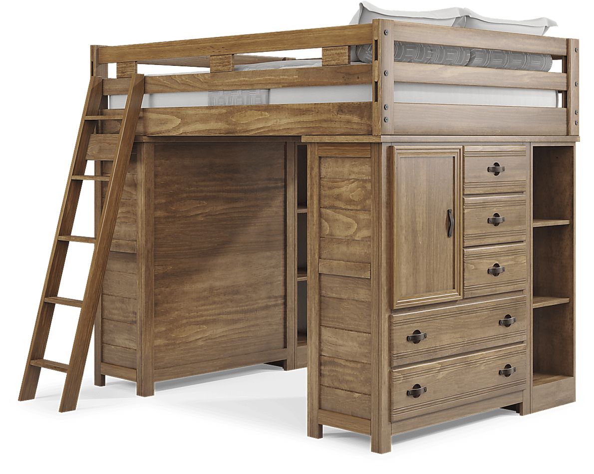Kids Creekside 2.0 Chestnut Full Loft with 2 Loft Chests and 2 Bookcases