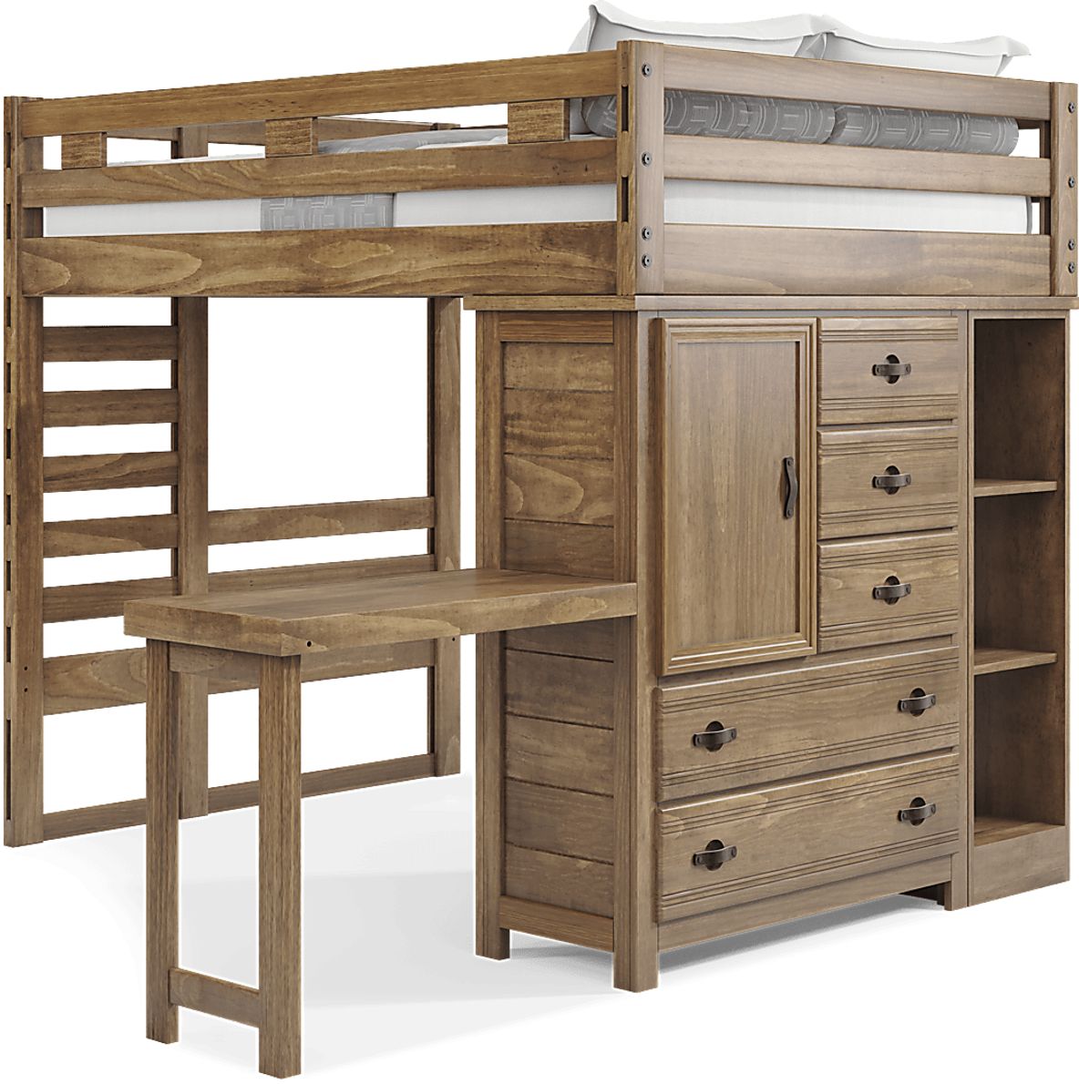 Kids Creekside 2.0 Chestnut Full Loft with Loft Chest, Bookcase and Desk Attachment