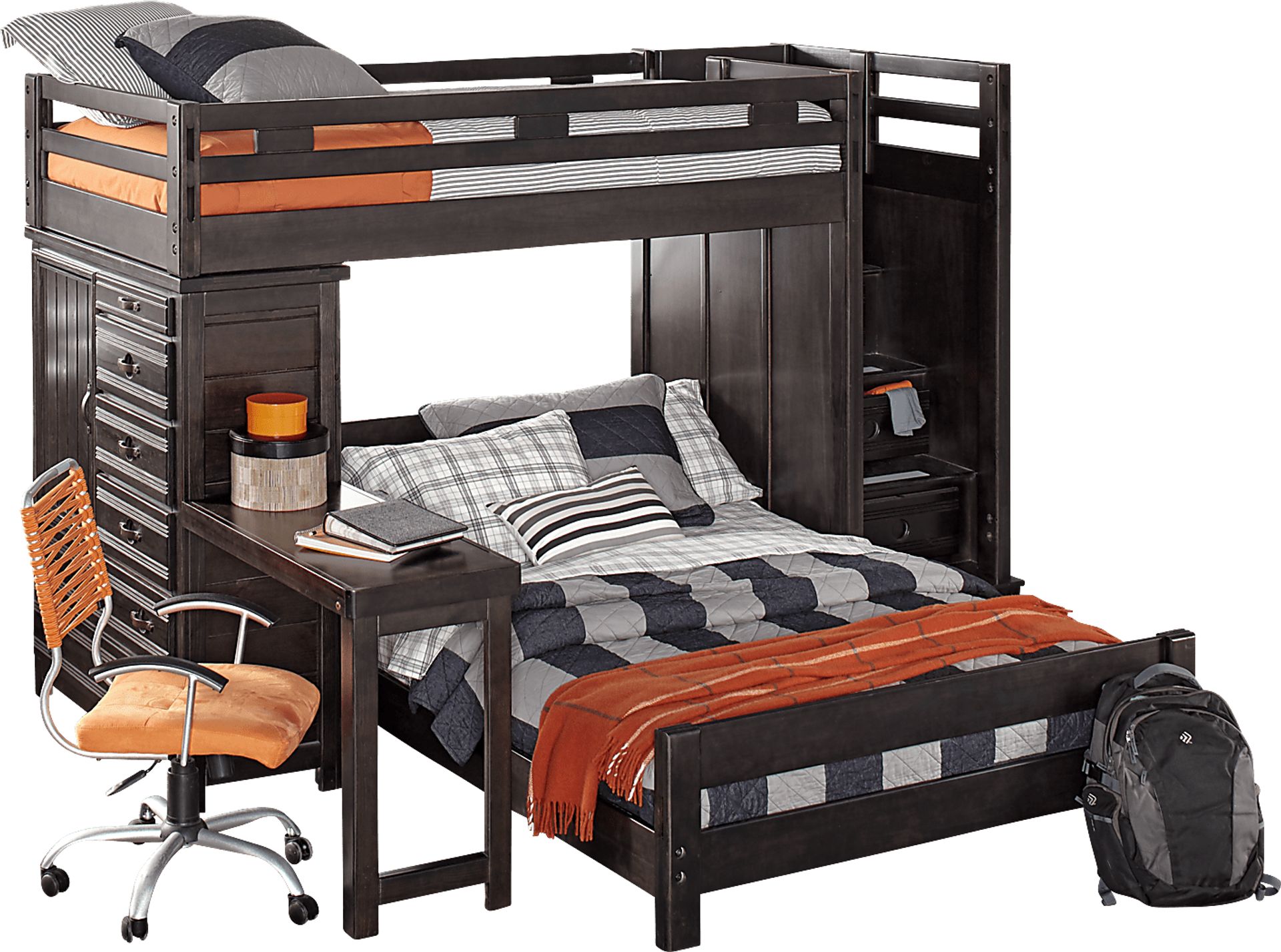 Creekside Charcoal Twin/Twin Step Bunk Bed with Desk and Chest - Image 1