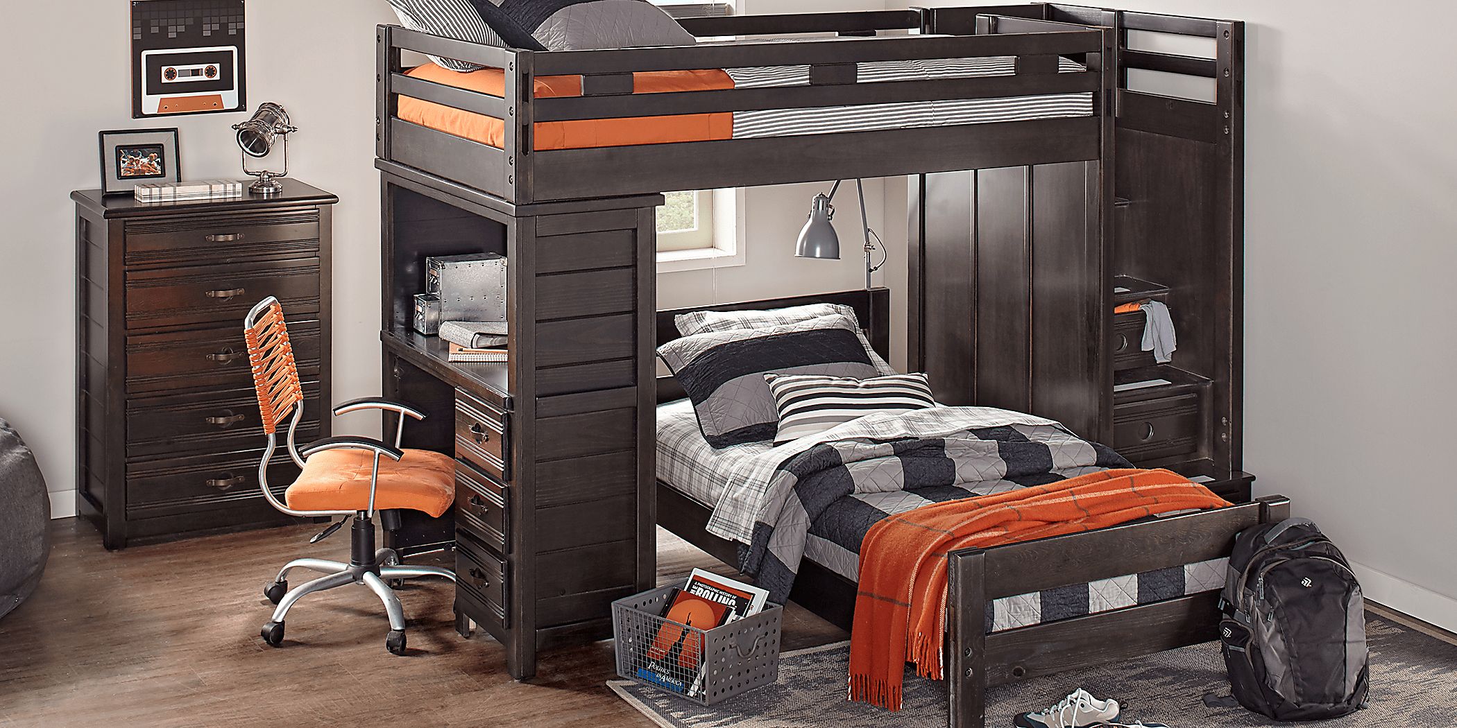 Creekside Charcoal Twin/Twin Step Bunk Bed with Desk Rooms To Go