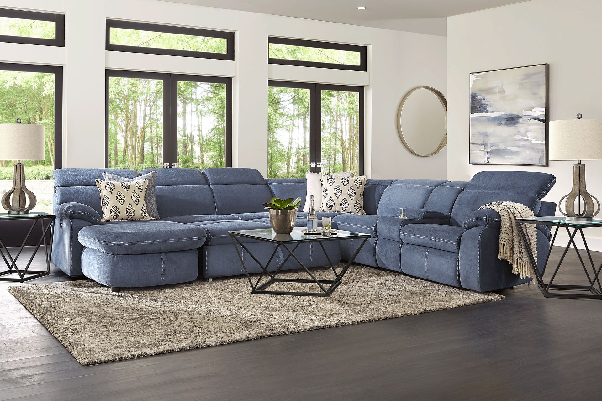 Crescent Place Navy 9 Pc Power Reclining Sleeper Sectional Living Room - Image 1