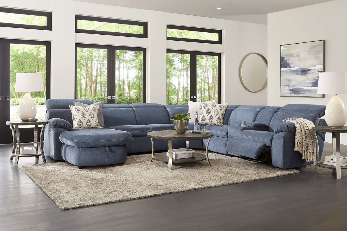 ラーセン☆ナイトブルーシップ　k.h Crescent Place 9 Pc Navy Blue Polyester Fabric Power Reclining