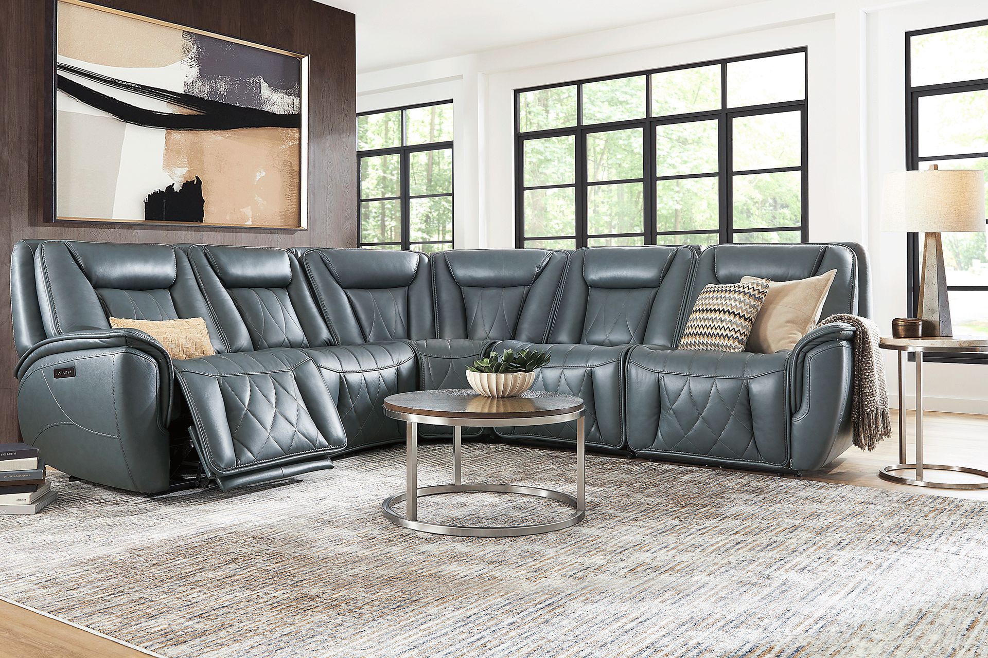 Dalton Blue Leather 8 Pc Triple Power Reclining Sectional Living Room - Image 1