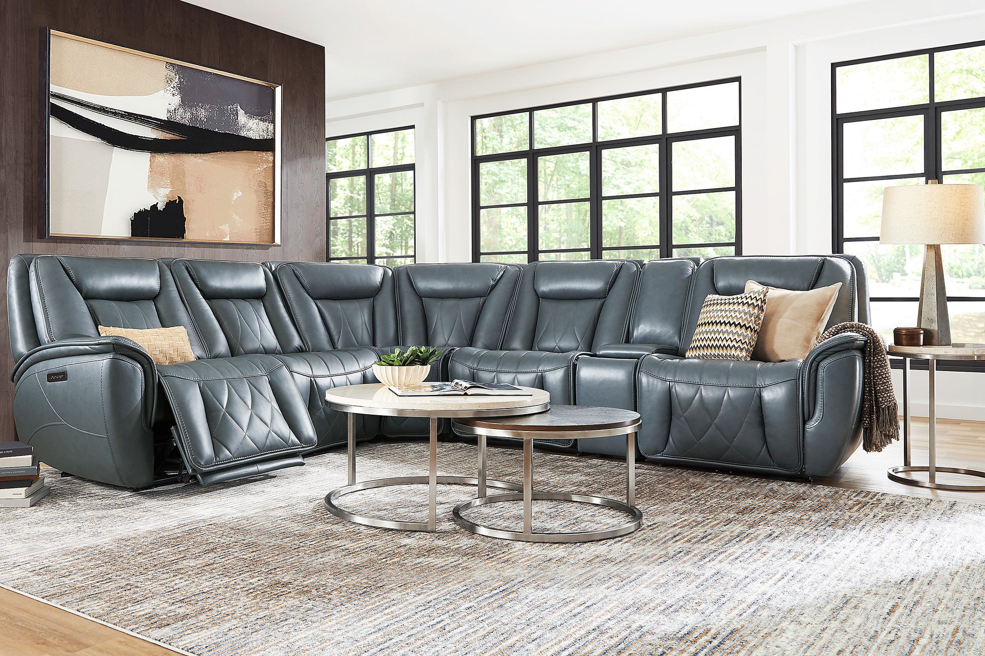 Dalton Blue Leather 9 Pc Triple Power Reclining Sectional Living Room - Image 1