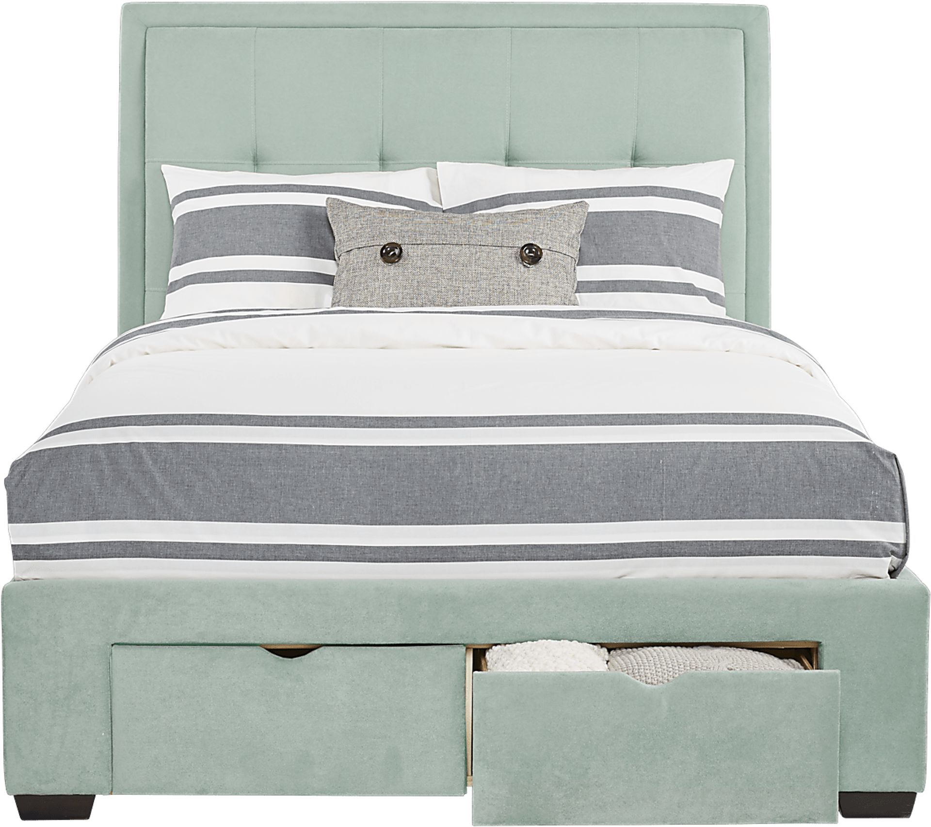 Daniella Seafoam 3 Pc Queen Upholstered Bed with 4 Drawer Storage - Image 2