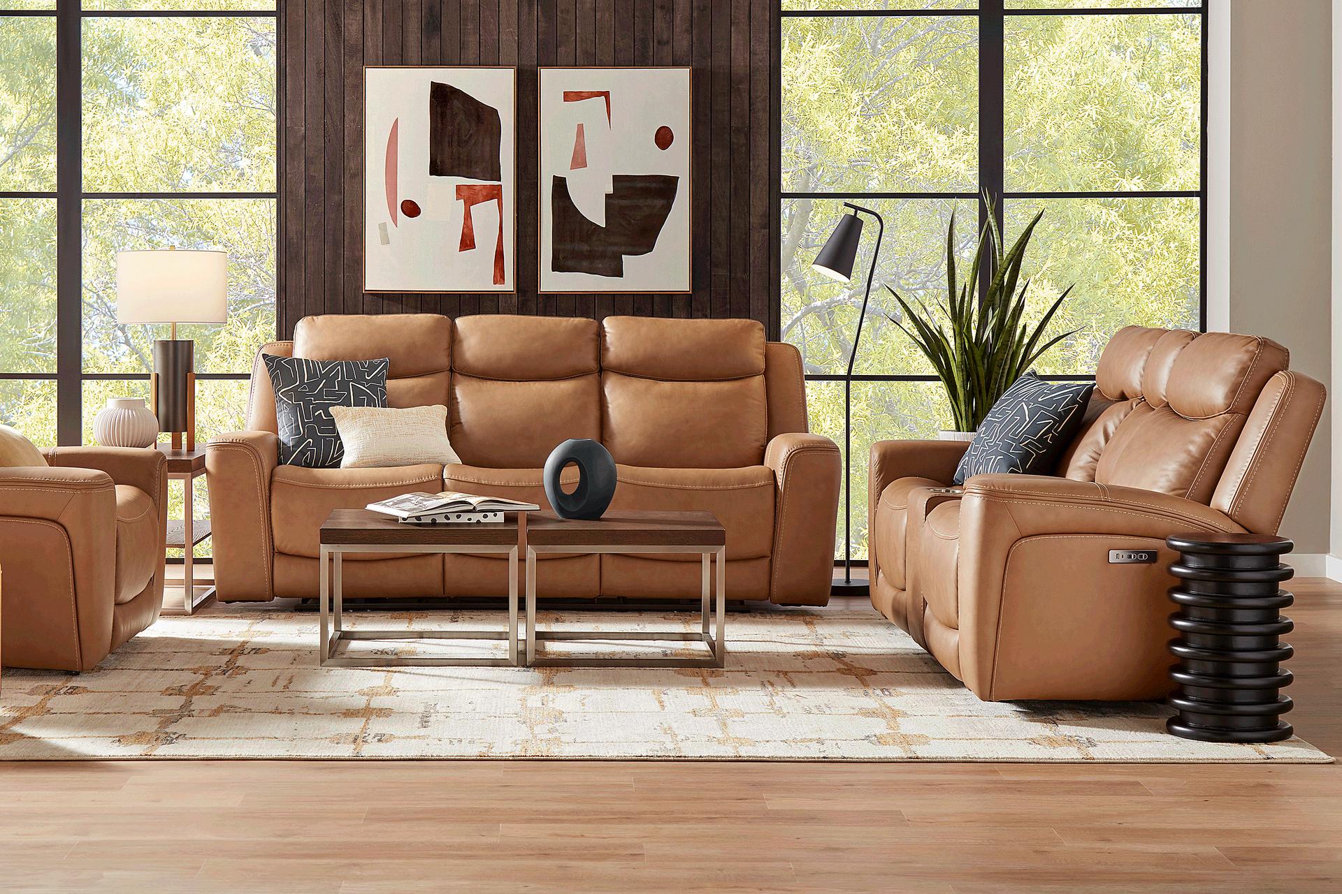 Davidson Caramel Leather 7 Pc Dual Power Reclining Living Room