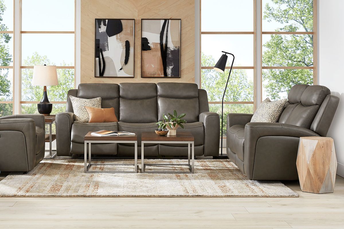 Drew & Jonathan Davidson 8 Pc Dark Gray Leather Dual Power Reclining Living Room Set With Dual ...