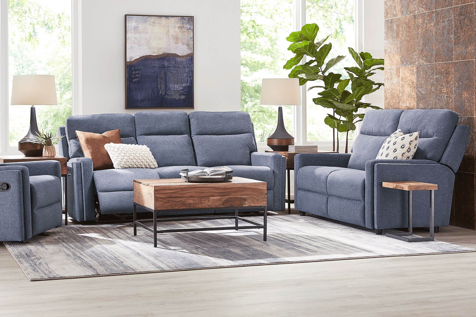 Davis Bay Blue 7 Pc Living Room with Reclining Sofa - Image 1