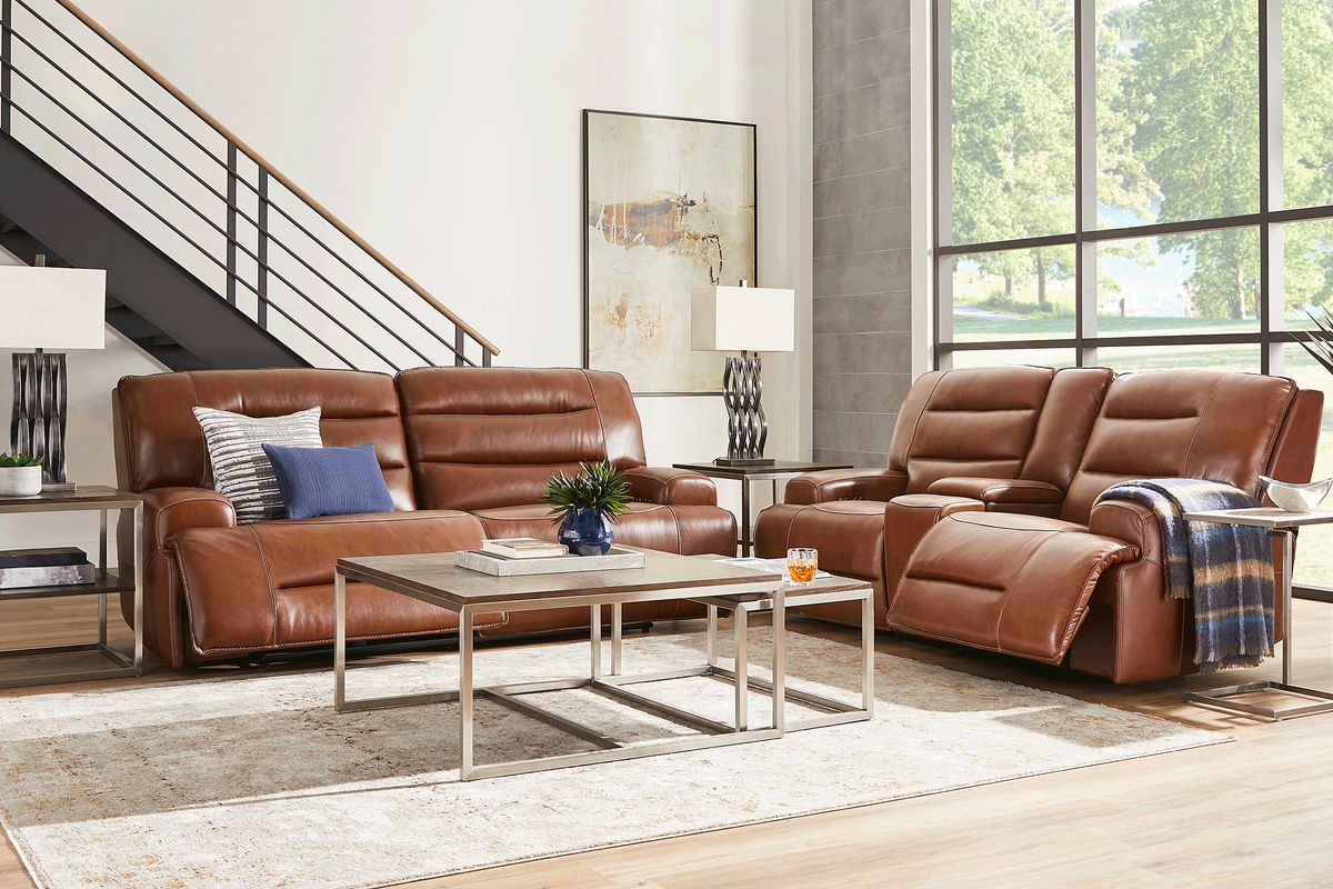 Davoli 6 Pc Caramel Brown Leather Dual Power Reclining Living Room