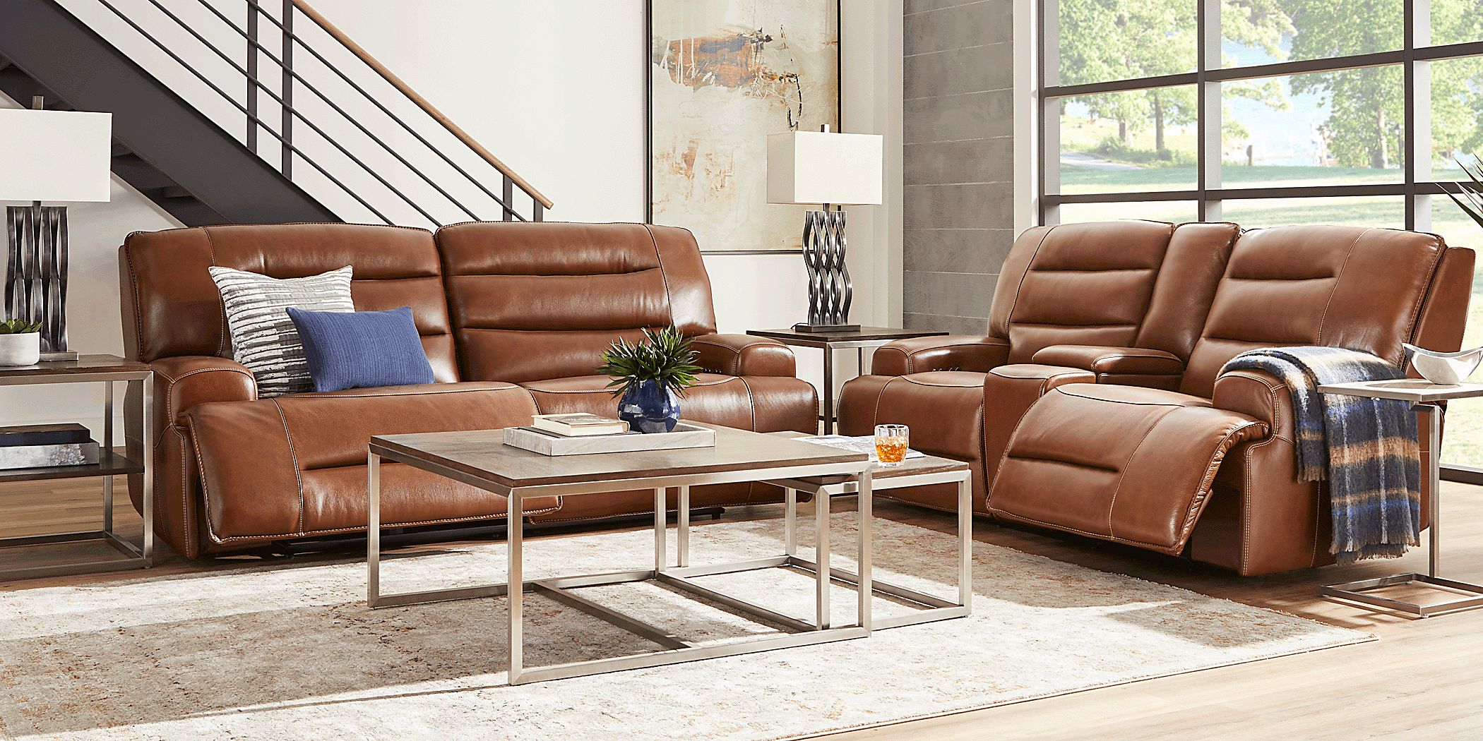 Davoli 7 Pc Caramel Brown Leather Dual Power Reclining Living Room Set ...
