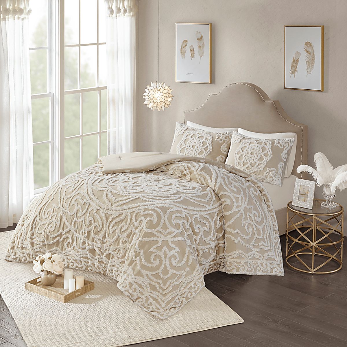 Decoty Taupe Beige Cotton Polyester Fabric 3 Pc Full Queen Comforter Set Rooms to Go