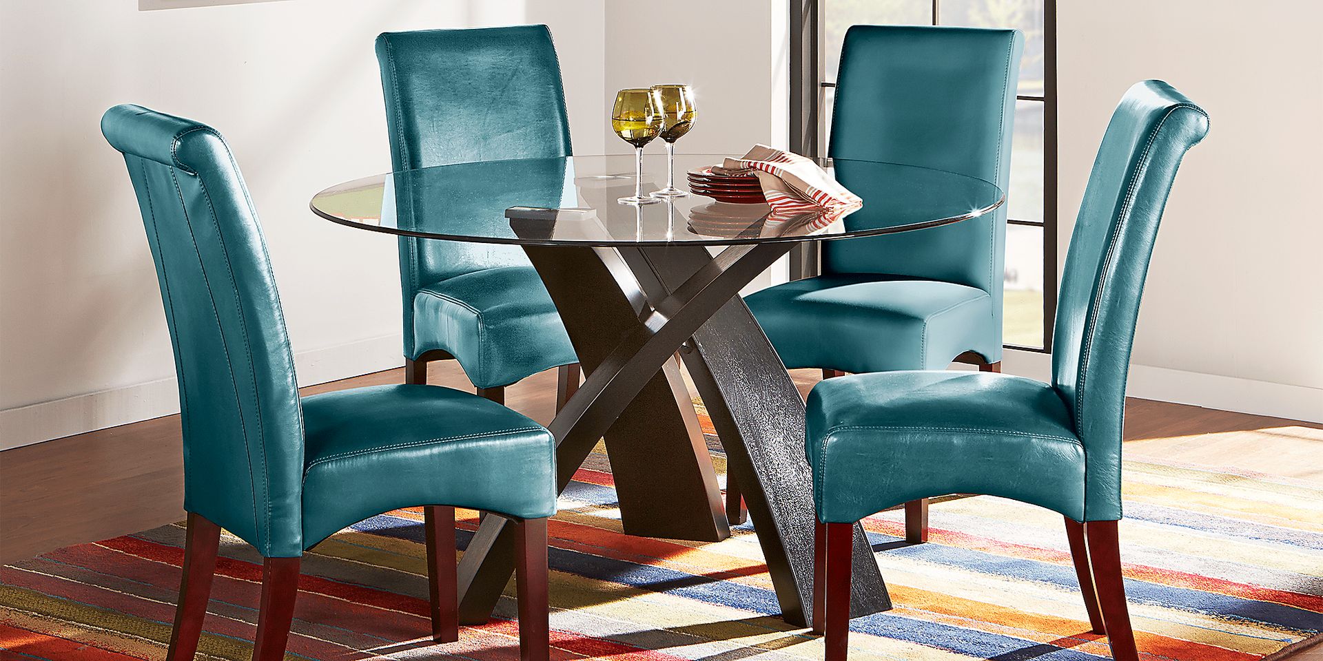 Del Mar Ebony 5 Pc Round Dining Set with Blue Chairs - Image 1