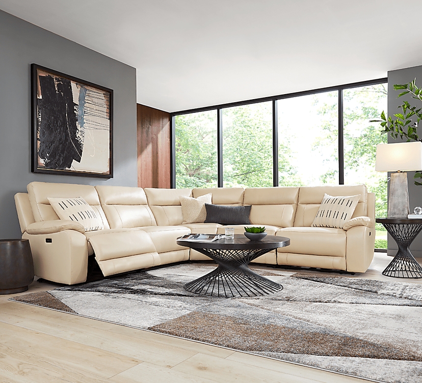 Delaney Point Beige Leather 5 Pc Power Reclining Sectional