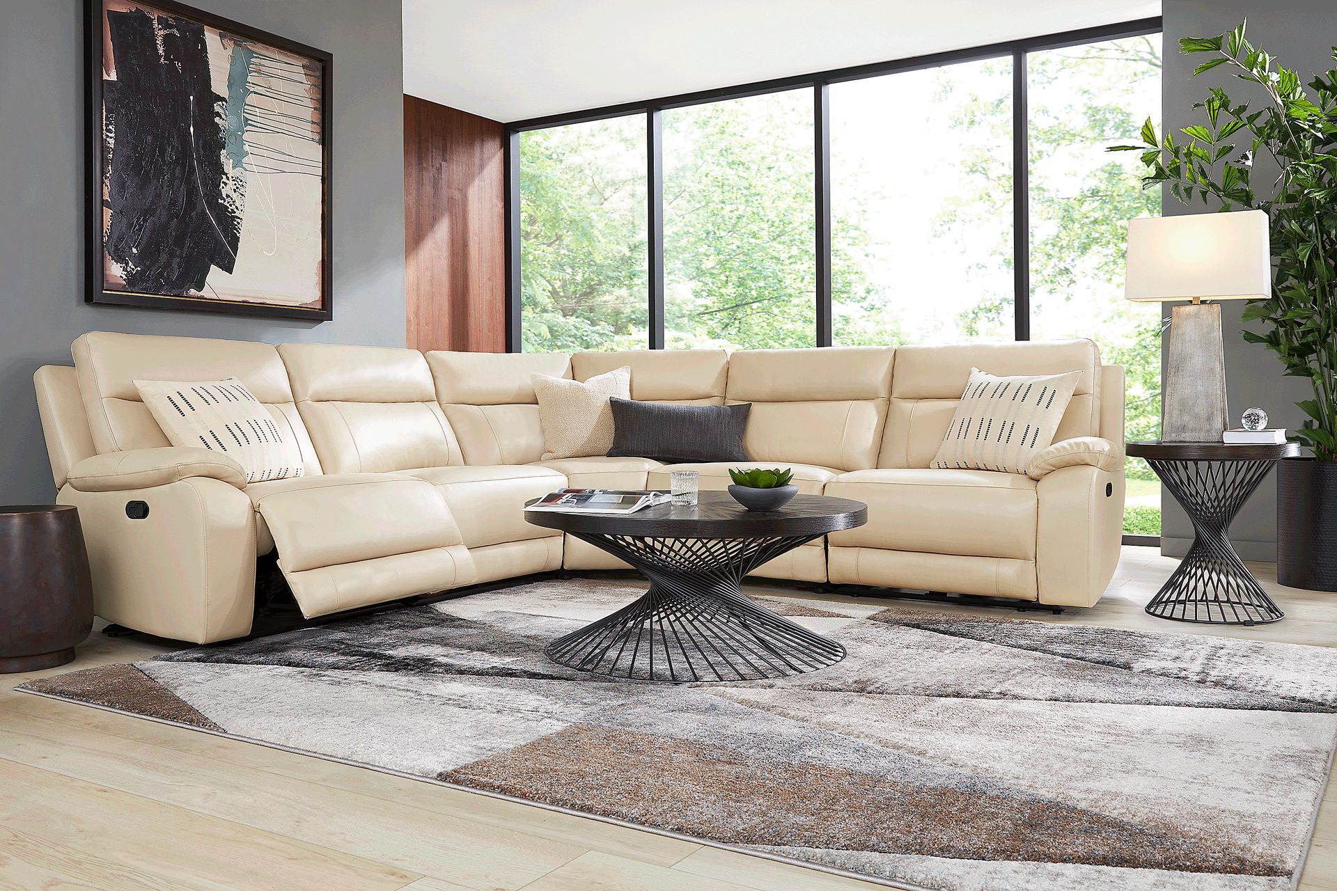 Delaney Point Beige Leather 5 Pc Reclining Sectional - Image 2