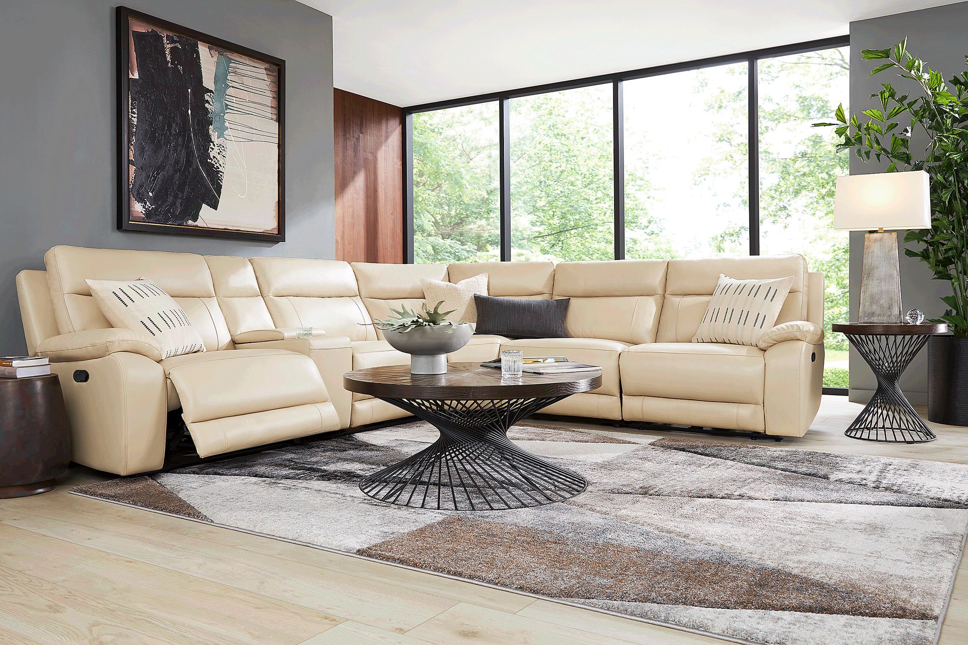 Delaney Point Beige Leather 6 Pc Reclining Sectional - Image 2