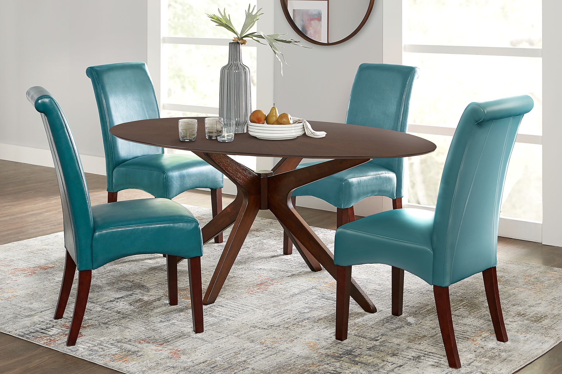 Delmon Walnut 5 Pc Oval Dining Set with Aqua Chairs - Image 1