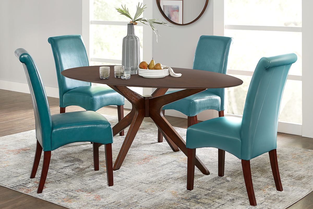 Delmon Walnut 5 Pc Oval Dining Set with Aqua Chairs