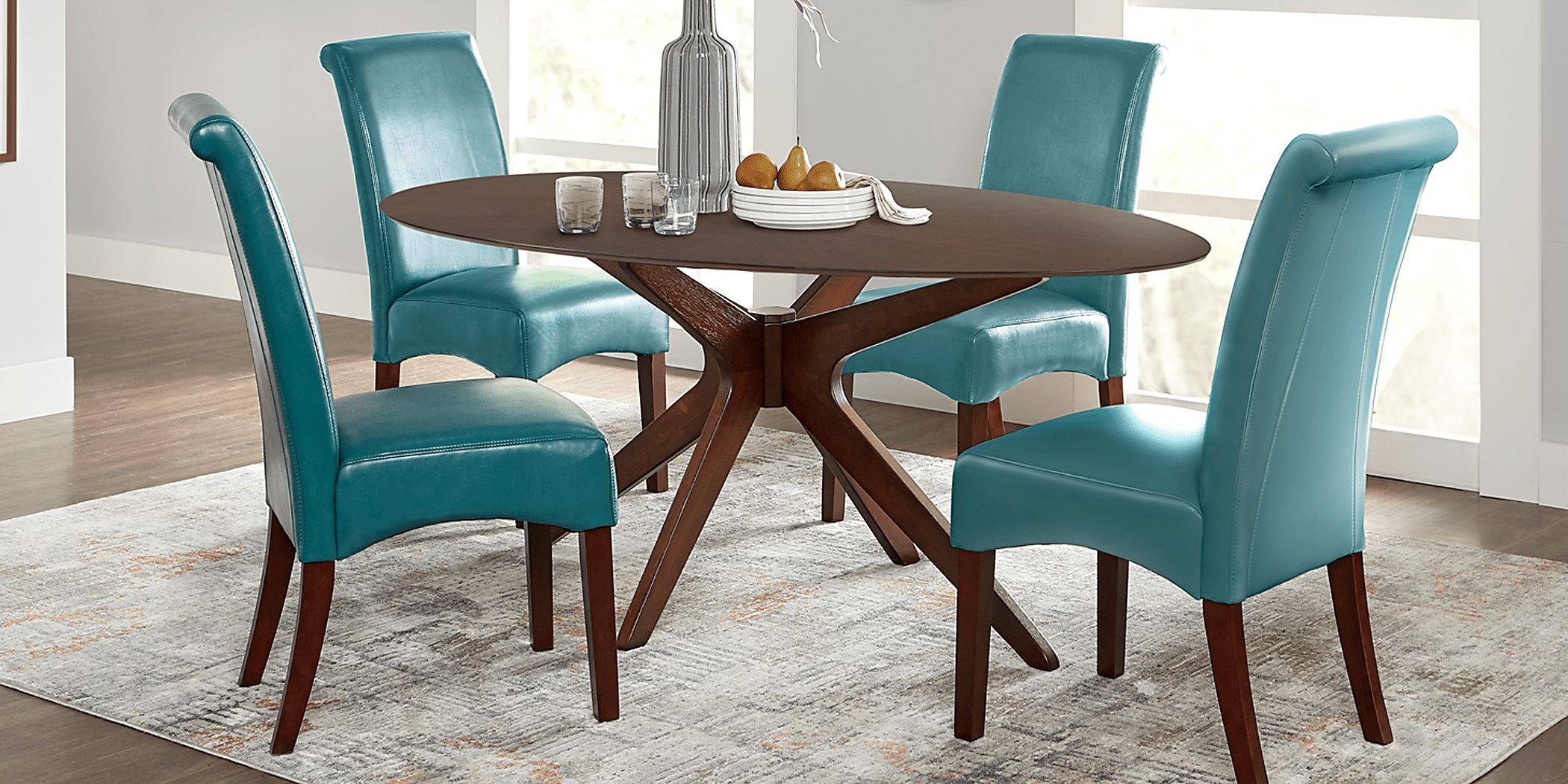 Delmon Walnut 5 Pc Oval Dining Set with Aqua Chairs Rooms To Go