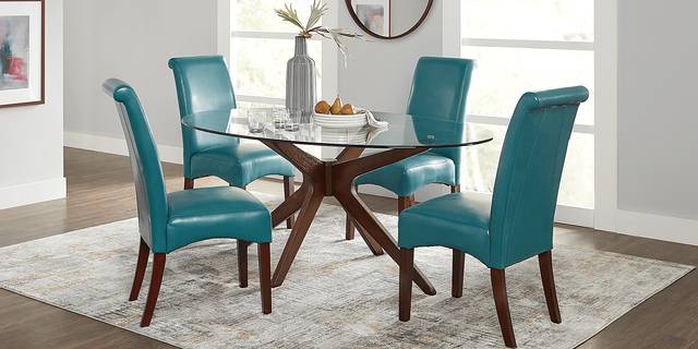 Delmon Walnut 5 Pc Oval Dining Set with Blue Chairs - Thumbnail - Image 1