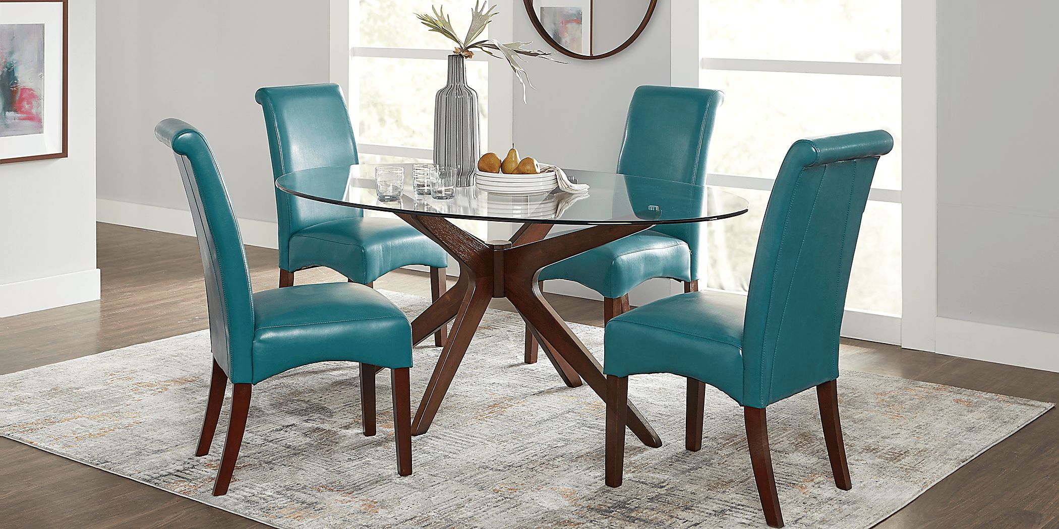 Delmon Walnut 5 Pc Oval Dining Set with Blue Chairs