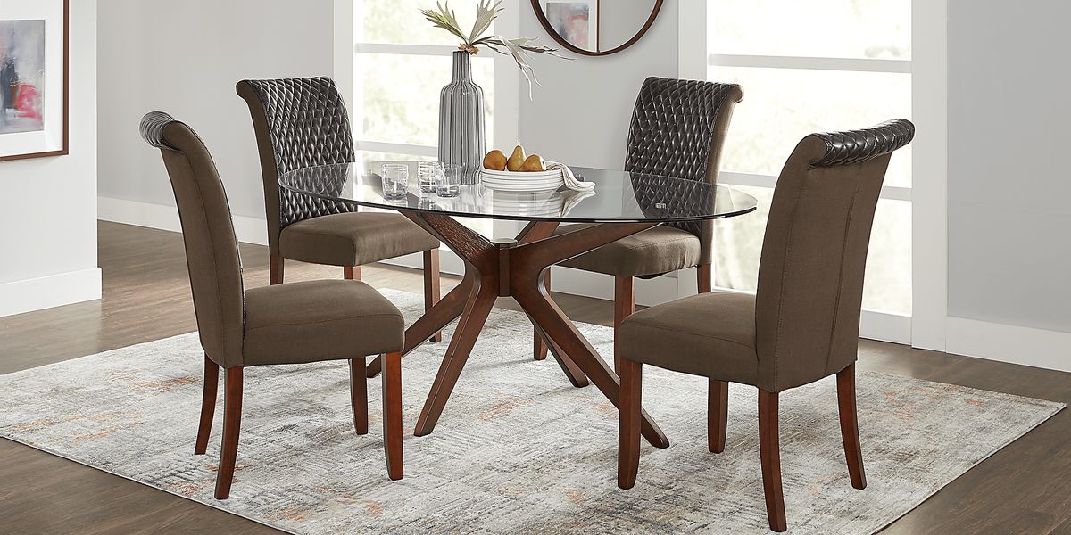 Delmon 5 Pc Walnut Dark Wood Brown Beige Dining Room Set With Dining ...