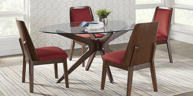 Delmon Walnut 5 Pc Oval Dining Set with Burgundy Chairs - Thumbnail - Image 1