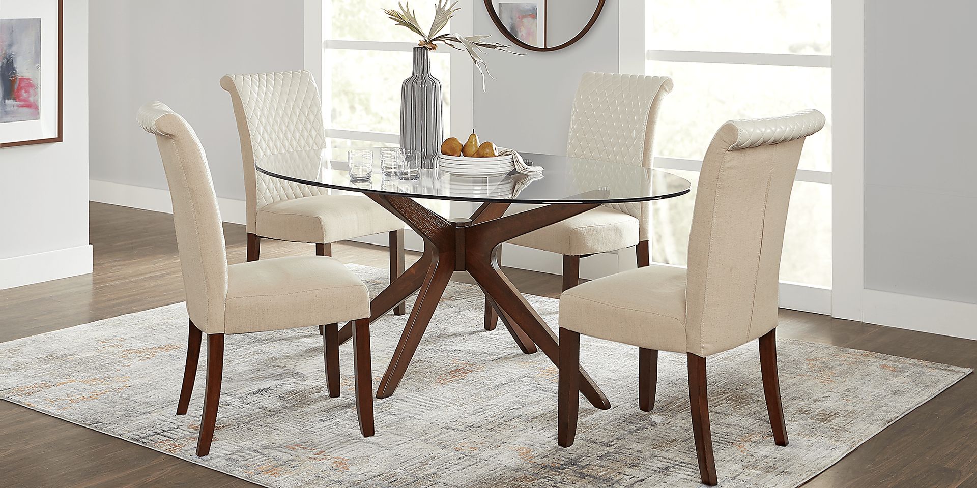 Delmon Walnut 5 Pc Oval Dining Set with Cream Chairs - Image 1