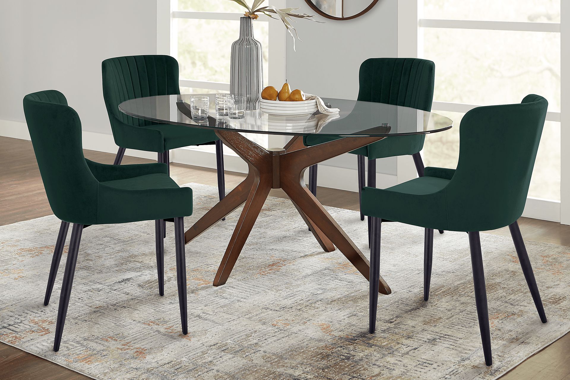 Delmon Walnut 5 Pc Oval Dining Set with Emerald Chairs - Image 1