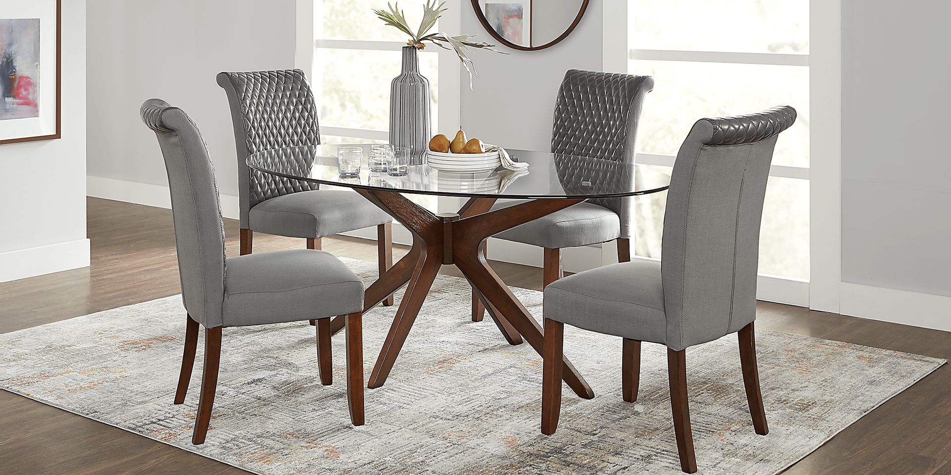 Delmon Walnut 5 Pc Oval Dining Set with Gray Chairs - Image 1