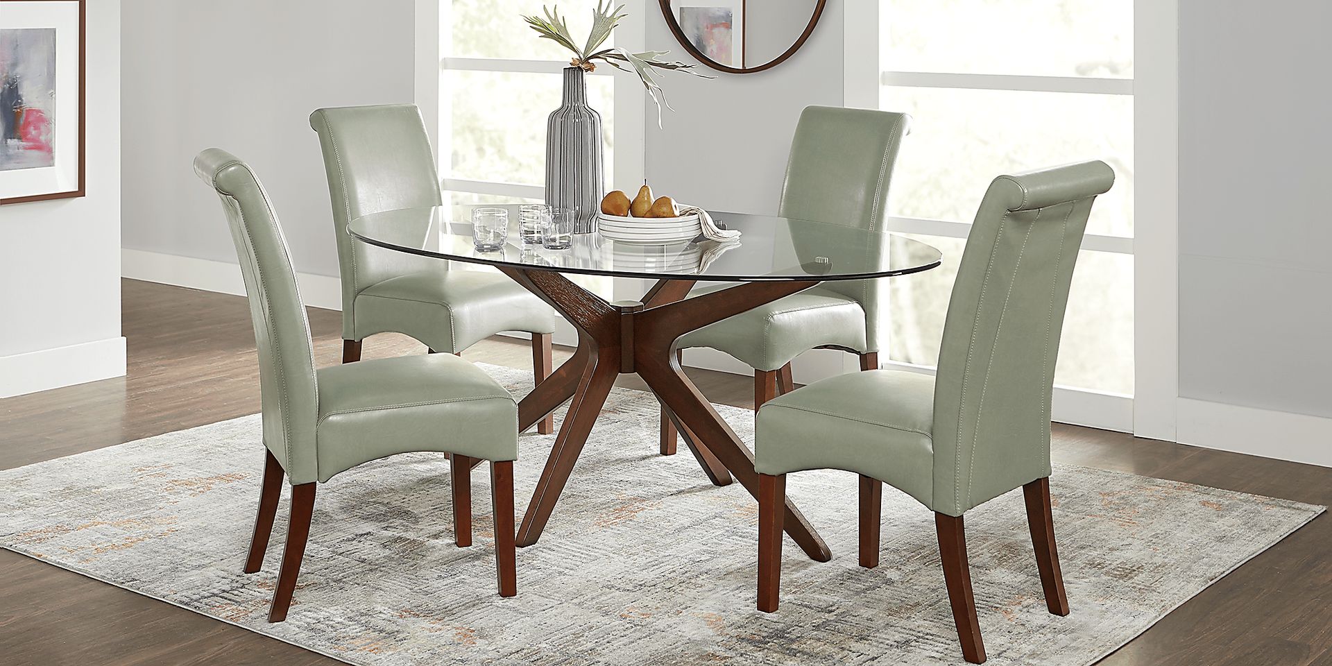 Delmon Walnut 5 Pc Oval Dining Set with Green Chairs - Image 1