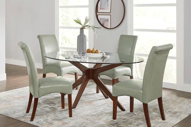 Delmon Walnut 5 Pc Oval Dining Set with Green Chairs - Thumbnail - Image 1