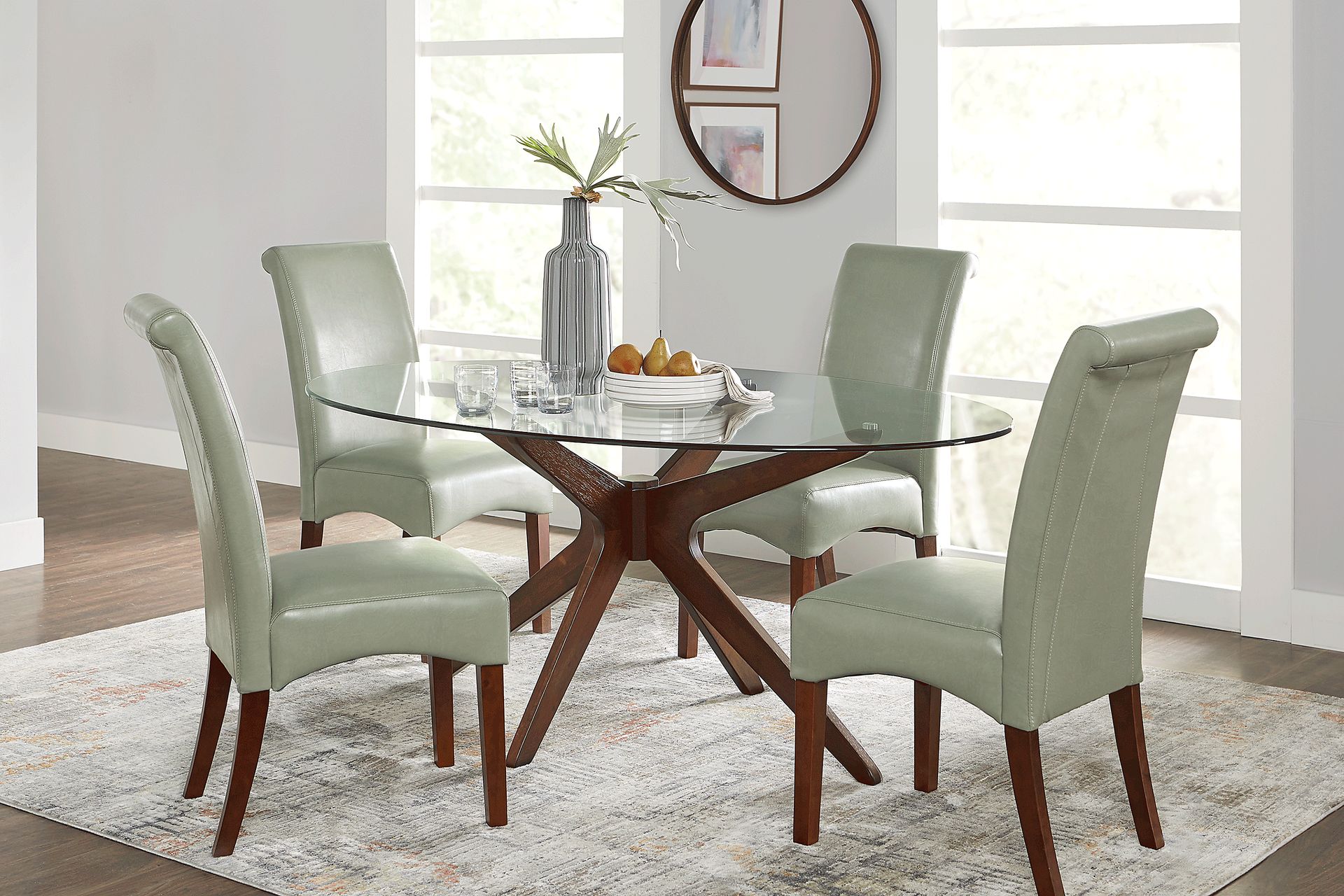 Delmon Walnut 5 Pc Oval Dining Set with Green Chairs - Image 1
